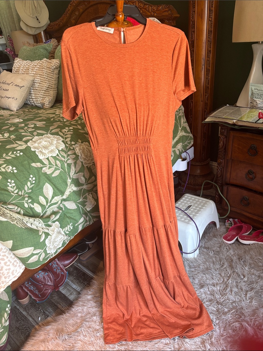 Rust Orange Short-Sleeve Maxi Dress with Gathered Waist